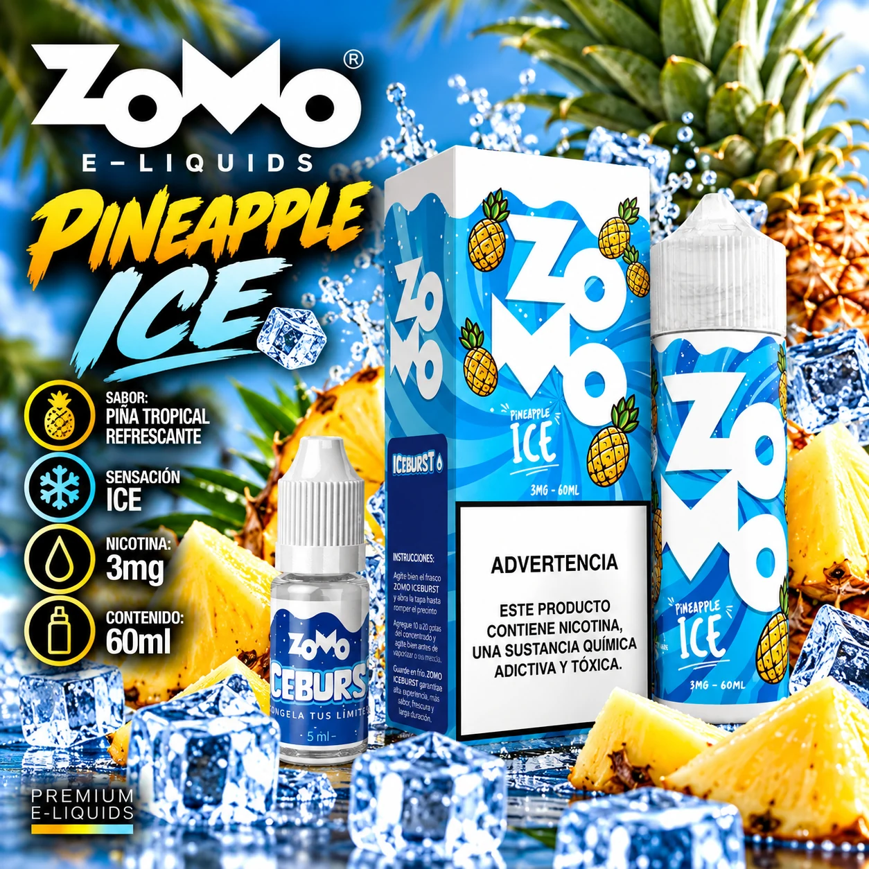 ZOMO_LIQUIDOS_PINEAPPLE_ICE_60ml_3mg ZOMO LIQUIDOS - "PINEAPPLE ICE" / 60ml 3mg "IMPORTADO" - Imagen 1
