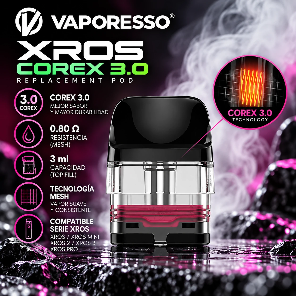 CARTUCHO VAPORESSO XROS COREX 3.0 - 0.80 OHM (3ML) - Imagen 1