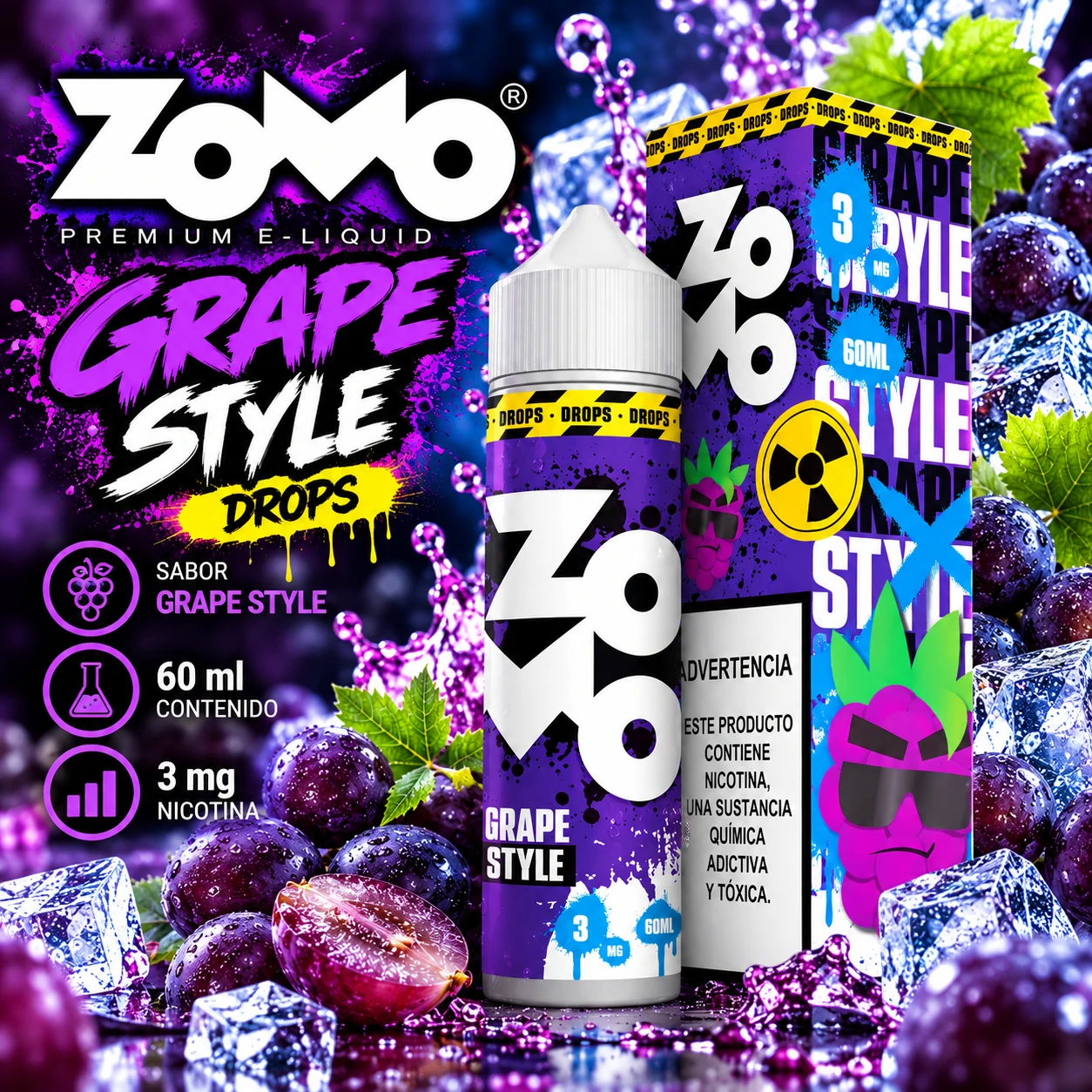 zomo_grape_style_drops_60ml_3mg_1254x1254 ZOMO LIQUIDOS - "GRAPE STYLE" / DROPS 60ml 3mg "IMPORTADO" - Imagen 1