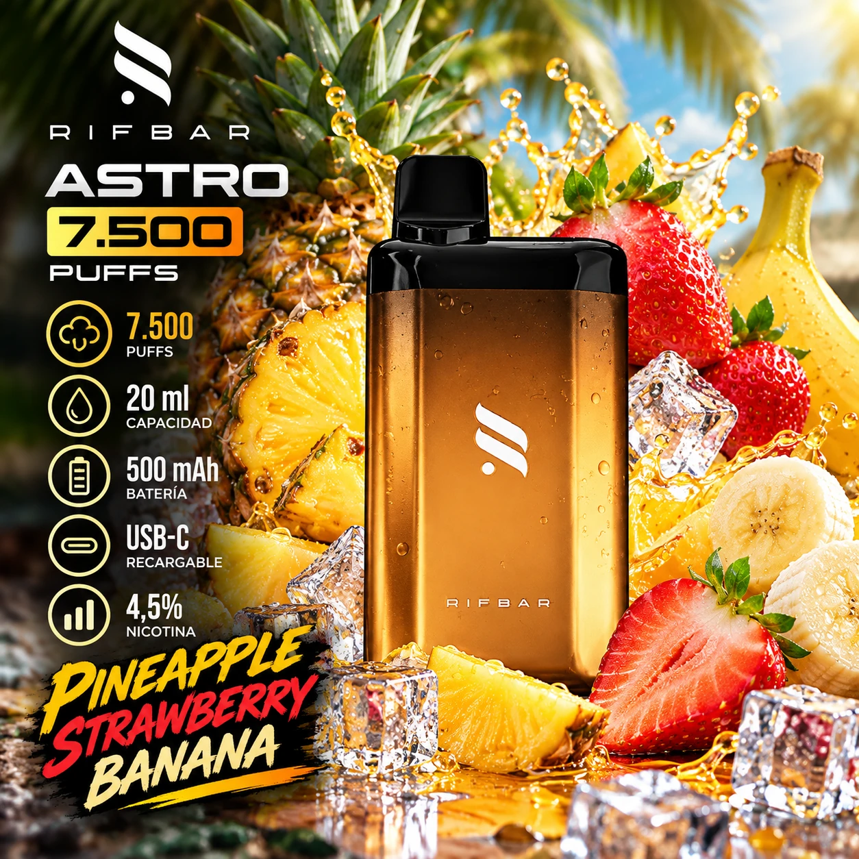 RIFBAR_ASTRO_PINEAPPLE_STRAWBERRY_BANANA_7500_1254x1254 Vape Desechable - RIFBAR ASTRO 7.500 PUFFS - PINEAPPLE STRAWBERRY BANANA - Imagen 1