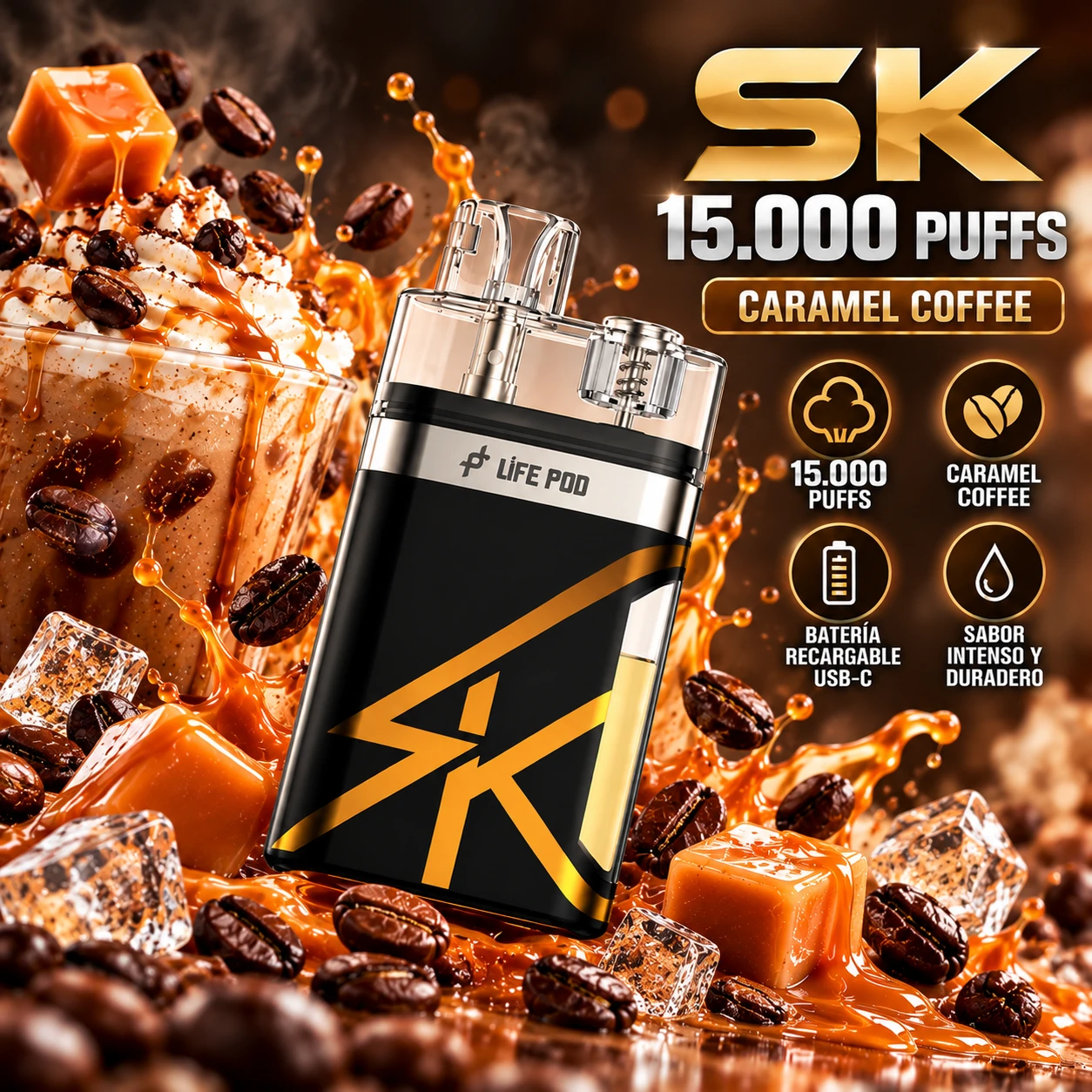 LIFE_POD_SK_15000_CARAMEL_COFFEE_1254x1254 LIFE POD SK KIT- DESCARTABLE SQUONK 15.000 puffs - 14ml - CARAMEL COFFEE - Imagen 1