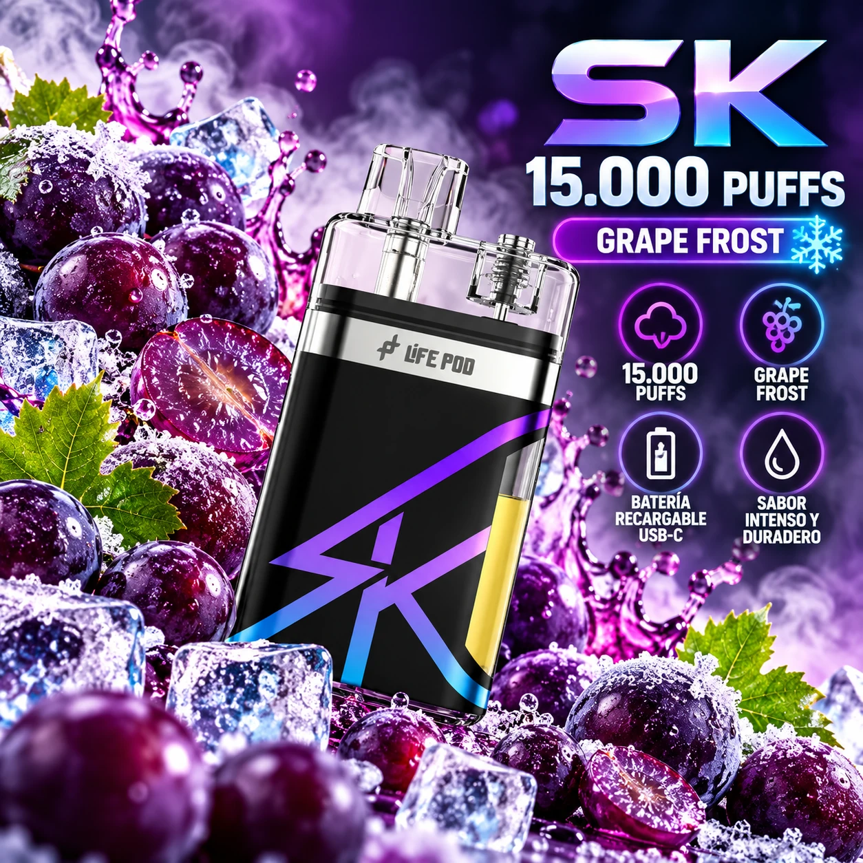 LIFE_POD_SK_15000_GRAPE_FROST_1254x1254 LIFE POD SK KIT- DESCARTABLE SQUONK 15.000 - 14ml - GRAPE FROST - Imagen 1