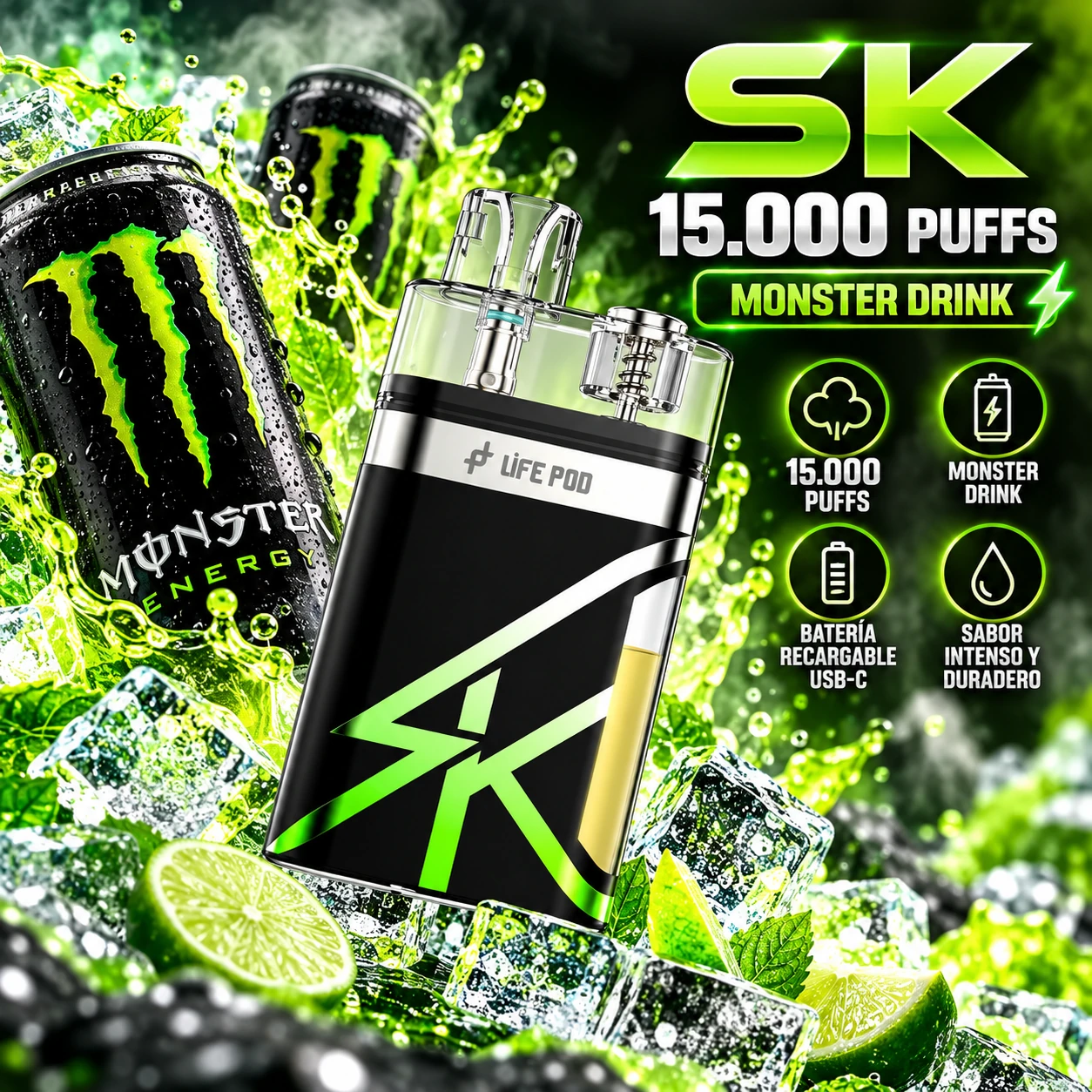 LIFE_POD_SK_15000_MONSTER_DRINK_1254x1254 LIFE POD SK KIT- DESCARTABLE SQUONK 15.000 - 14ml - MONSTER DRINK - Imagen 1