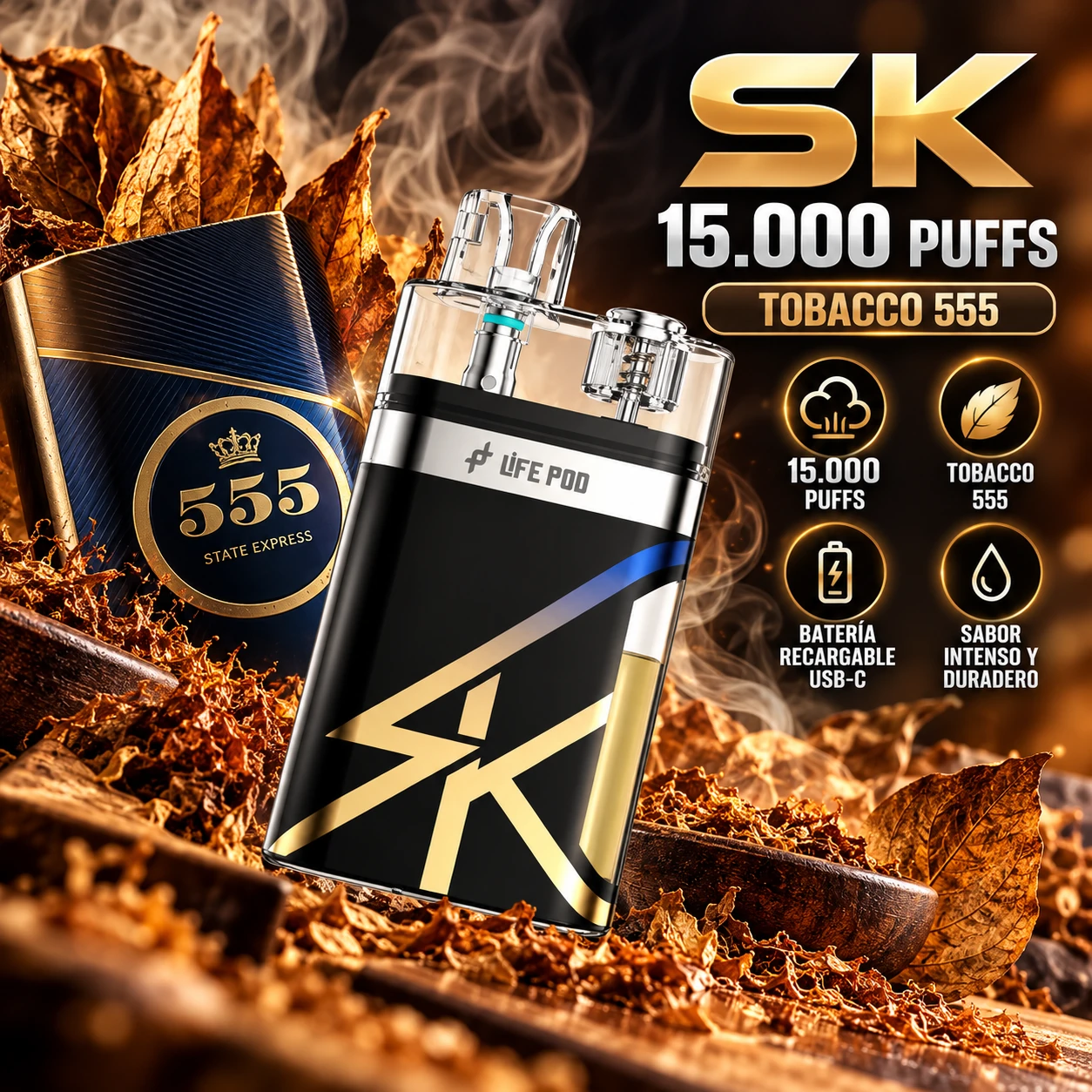 LIFE_POD_SK_15000_TOBACCO_555_1254x1254 LIFE POD SK KIT- DESCARTABLE SQUONK 15.000 - 14ml - TOBACCO 555 - Imagen 1