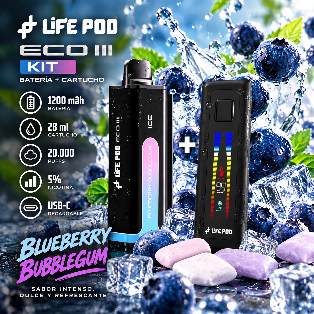 LIFE_POD_ECO_III_BLUEBERRY_BUBBLEGUM_20000_1254x1254 LIFE POD ECO III KIT - BATERIA + CARTUCHO 20000 PUFFS - 28ML 5% - BLUEBERRY BUBBLEGUM - Imagen 1