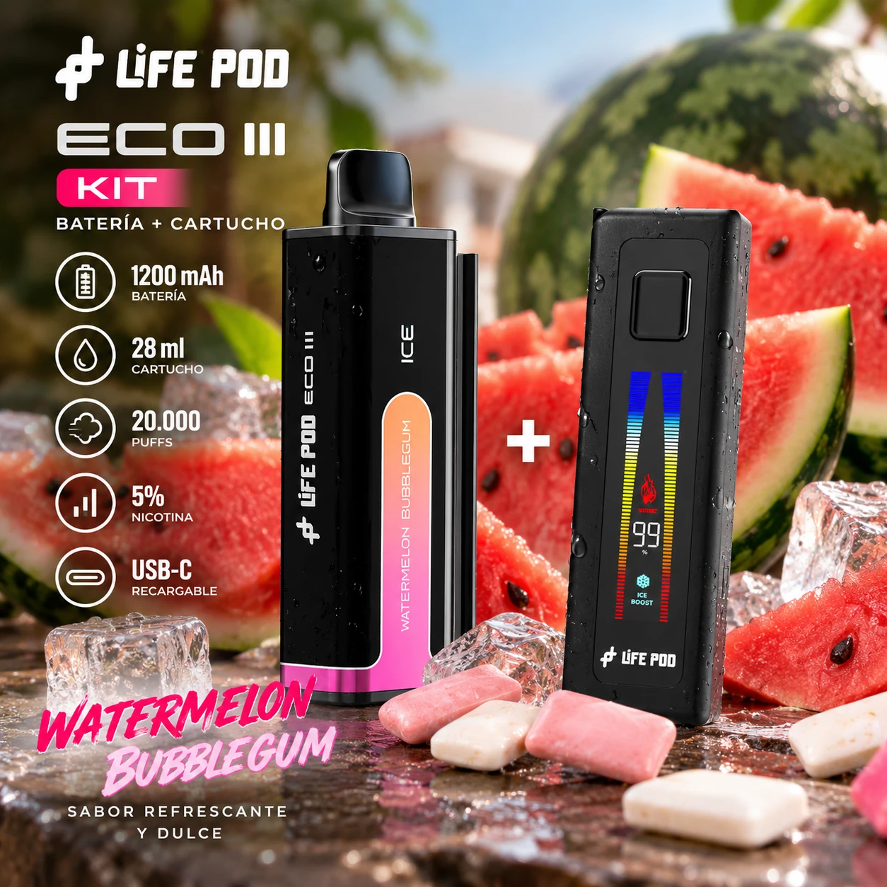 LIFE_POD_ECO_III_WATERMELON_BUBBLEGUM_20000_1254x1254 LIFE POD ECO III KIT - BATERIA + CARTUCHO 20000 PUFFS - 28ML 5% - WATERMELON BUBBLEGUM - Imagen 1