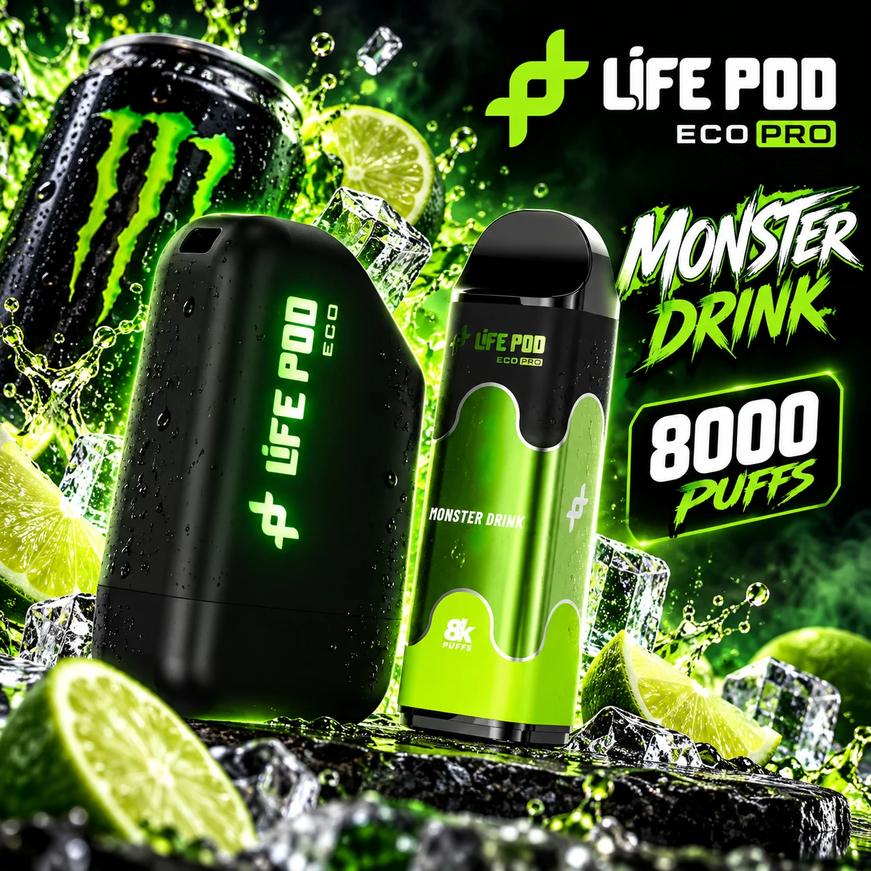 LIFE_POD_ECO_PRO_MONSTER_DRINK_8000_1254x1254 LIFE POD ECO I PRO KIT - "OFERTA" BATERIA + CARTUCHO - MONSTER DRINK 8000 - Imagen 1