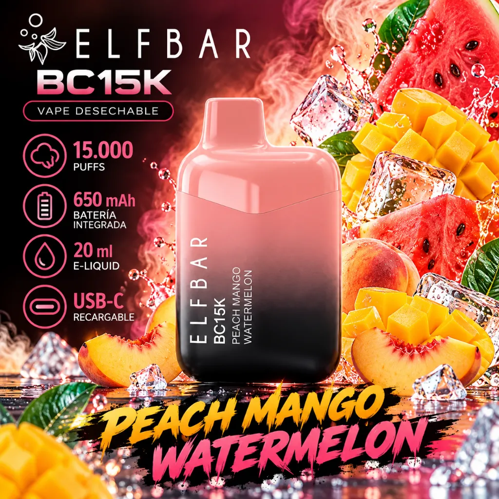 Vape Desechable ELFBAR BC 15K puffs - PEACH MANGO WATERMELON Vape Desechable ELFBAR BC 15K puffs - PEACH MANGO WATERMELON - Imagen 1